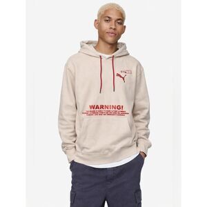 Puma Graphic Hoodie Men’s Small Beige Streetwear Warning Logo Pullover Spicy
